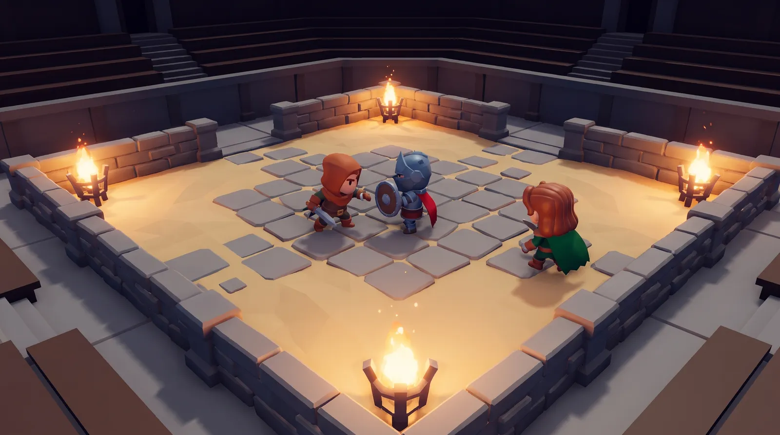 The Arena: a lit stone duelling chamber ringed by braziers, three delvers fighting at its centre.