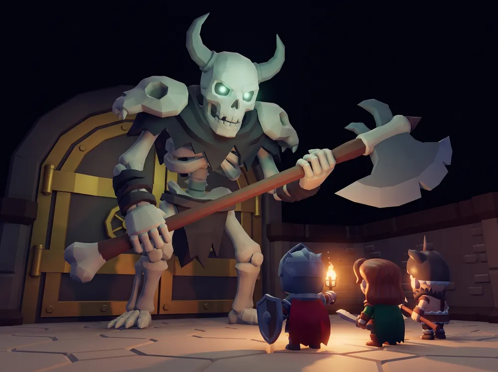 The Bone Warden: a huge horned skeleton with a greataxe guarding a vault door, three tiny delvers below it.
