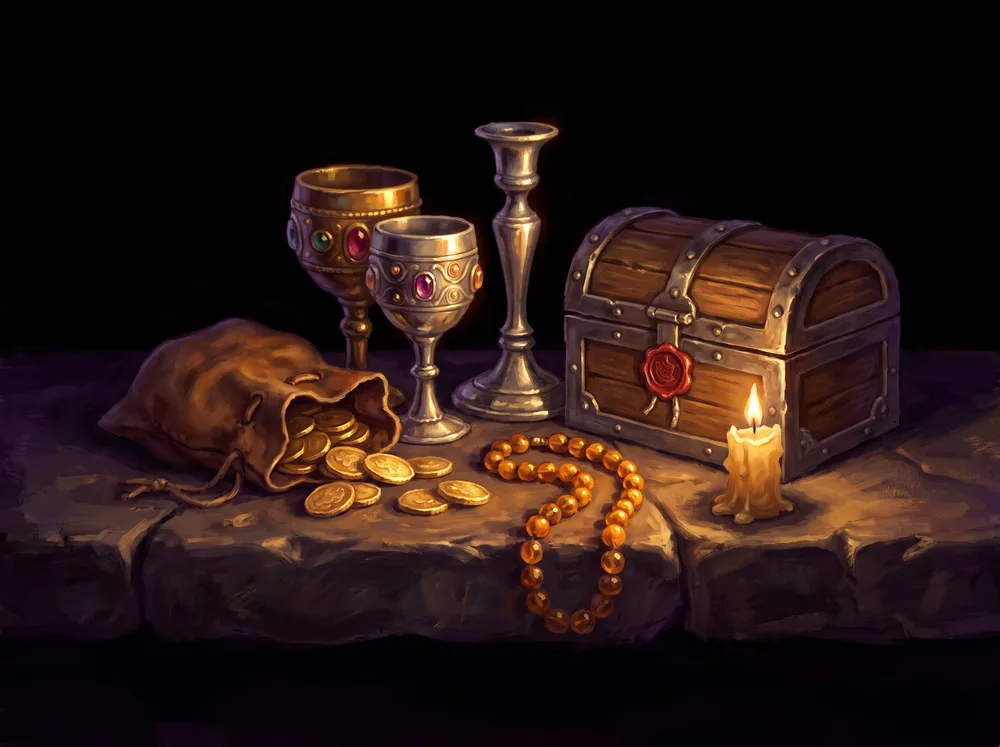 A haul of extracted loot: spilled gold coins, jewelled goblets, a candlestick, amber beads and a wax-sealed strongbox.