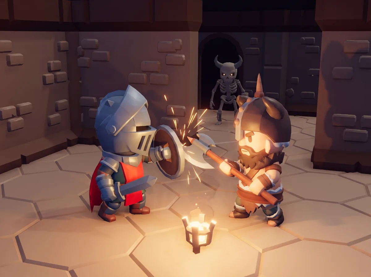 A knight blocks a barbarian's axe with a shield while a skeleton watches from a doorway.